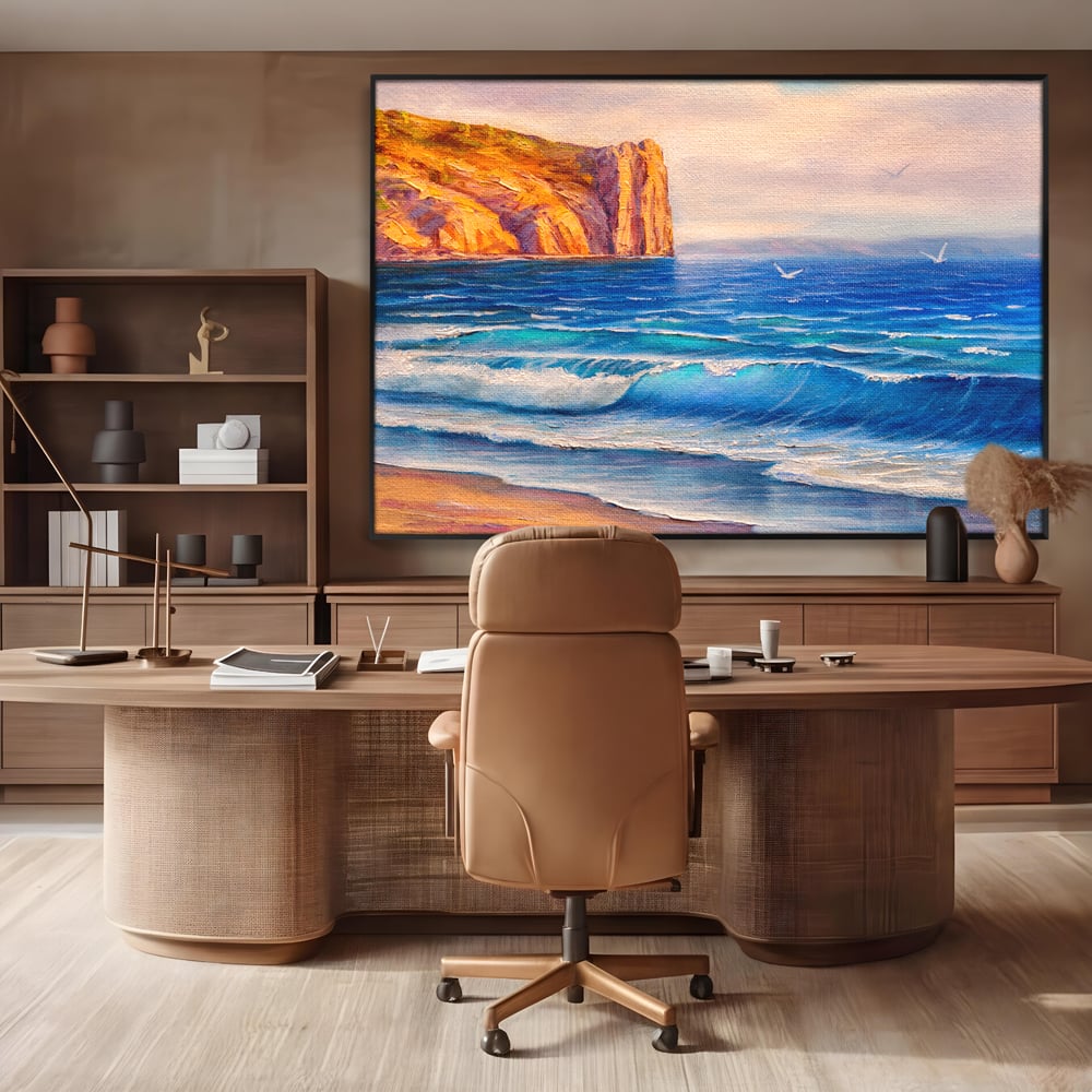 Tablou canvas cu pictura cu stanca pe malul marii, in rama de aluminiu negru, pe perete intr-un birou
